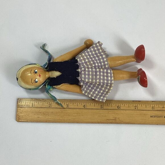Vtg Poland Wood Peg Doll Girl Blond Hair Purple Plaid Skirt Red Shoes 7" - Picture 9 of 9